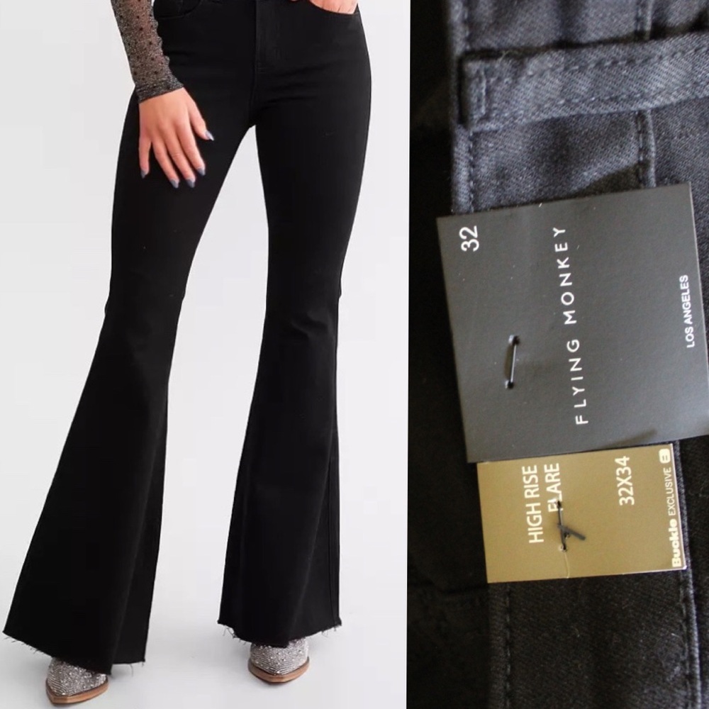 Buckle Exclusive Flying Monkey High Rise Flare Jeans Raw Open Hems 32 14 NWT
